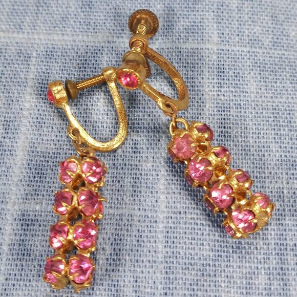 Jewelry - 1960s Vintage Screw Back Dangle Earrings with a Double Row of Pink Rhinestones